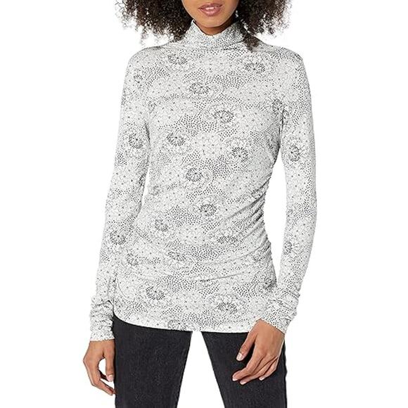 NEW REBECCA TAYLOR White Forget Me Not Fleur Ruched Turtleneck T-Shirt Size XL - Picture 1 of 7